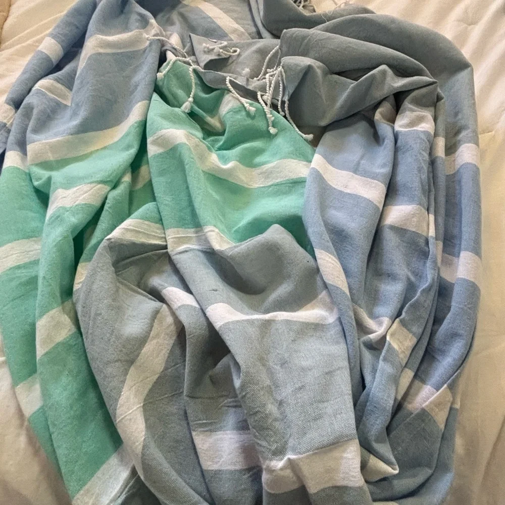 😉 Turkish 100% Organic Cotton Striped Blue and Green Multipurpose Towel